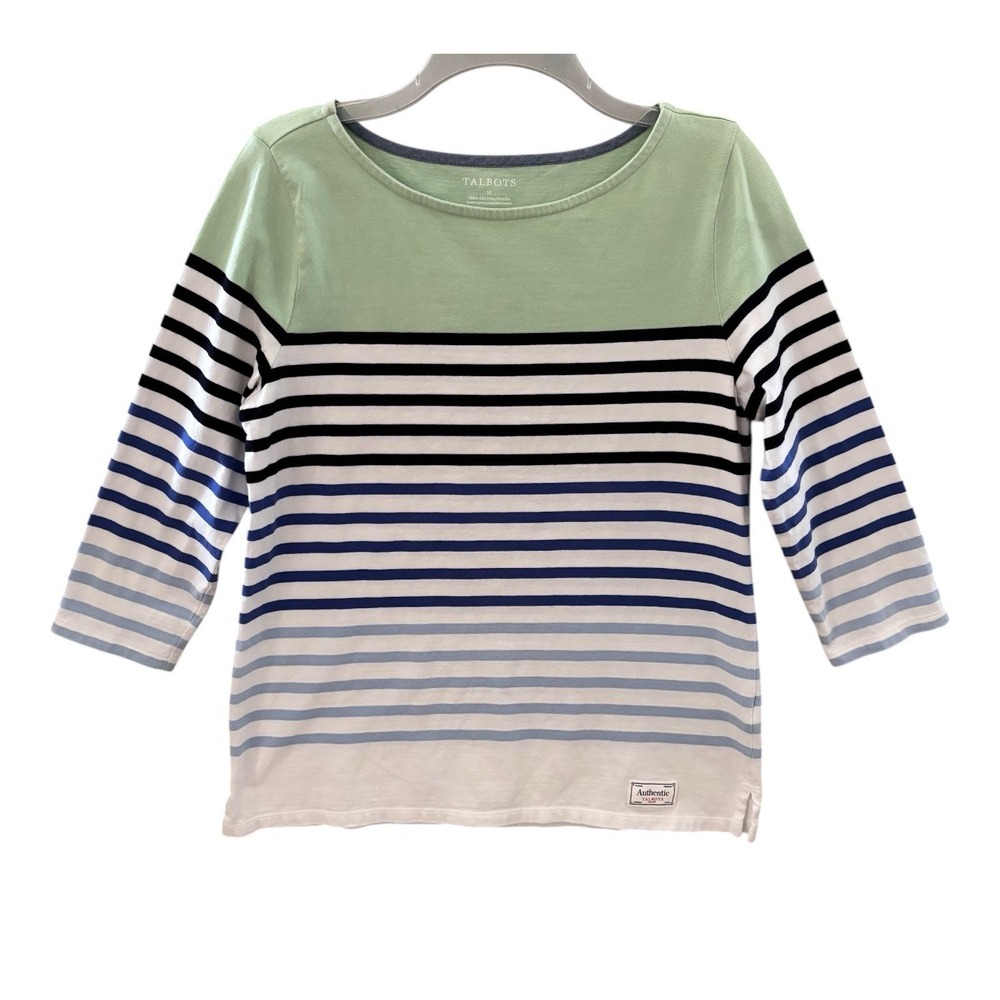Talbots Striped‎ Top Medium Green Blue White Nautical 3/4 Sleeve Cotton Casual